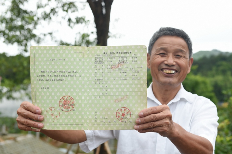 2017年6月13日，福建武平縣萬安鎮(zhèn)捷文村村民李桂林展示林權(quán)改革后領(lǐng)到的全國第一本新式林權(quán)證。