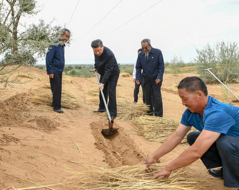 2019年8月21日，習近平來到甘肅省武威市古浪縣八步沙林場，實地察看當?shù)刂紊吃炝帧⑸鷳B(tài)保護等情況。新華社記者 謝環(huán)馳 攝