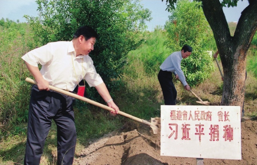 2001年10月，習(xí)近平在龍巖市長(zhǎng)汀縣調(diào)研水土流失治理工作，在河田世紀(jì)生態(tài)園為樹培土。圖源：《習(xí)近平在福建（下）》