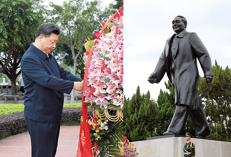2020年10月14日，習(xí)近平總書記向深圳蓮花山公園鄧小平同志銅像敬獻(xiàn)花籃。