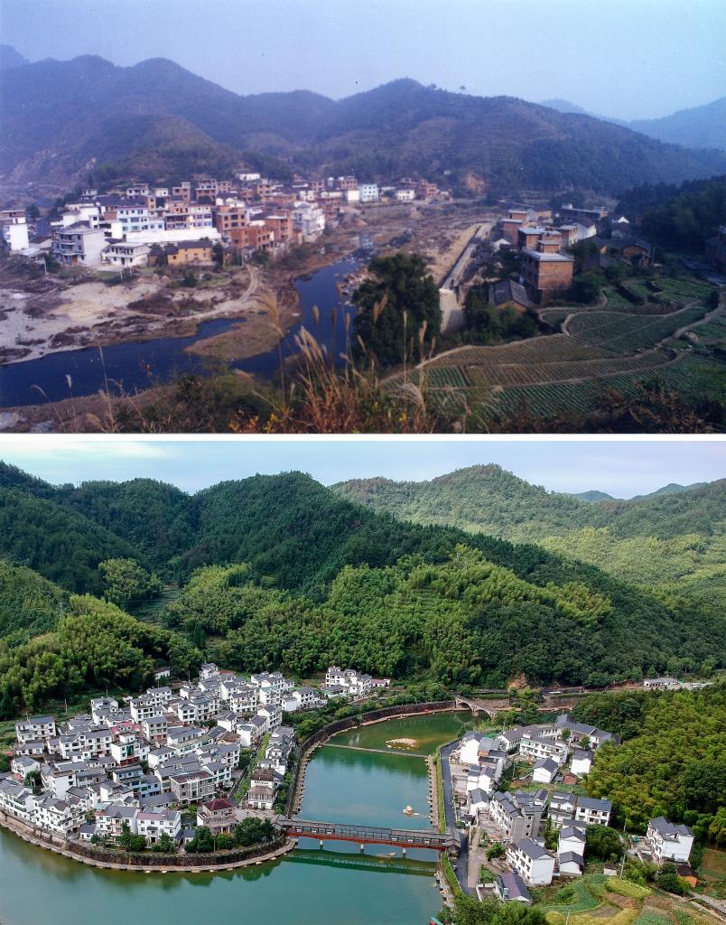 圖為浙江省杭州市淳安縣楓樹嶺鎮(zhèn)下姜村拼版圖，其中上圖為資料照片、下圖由新華社記者張鋮攝。